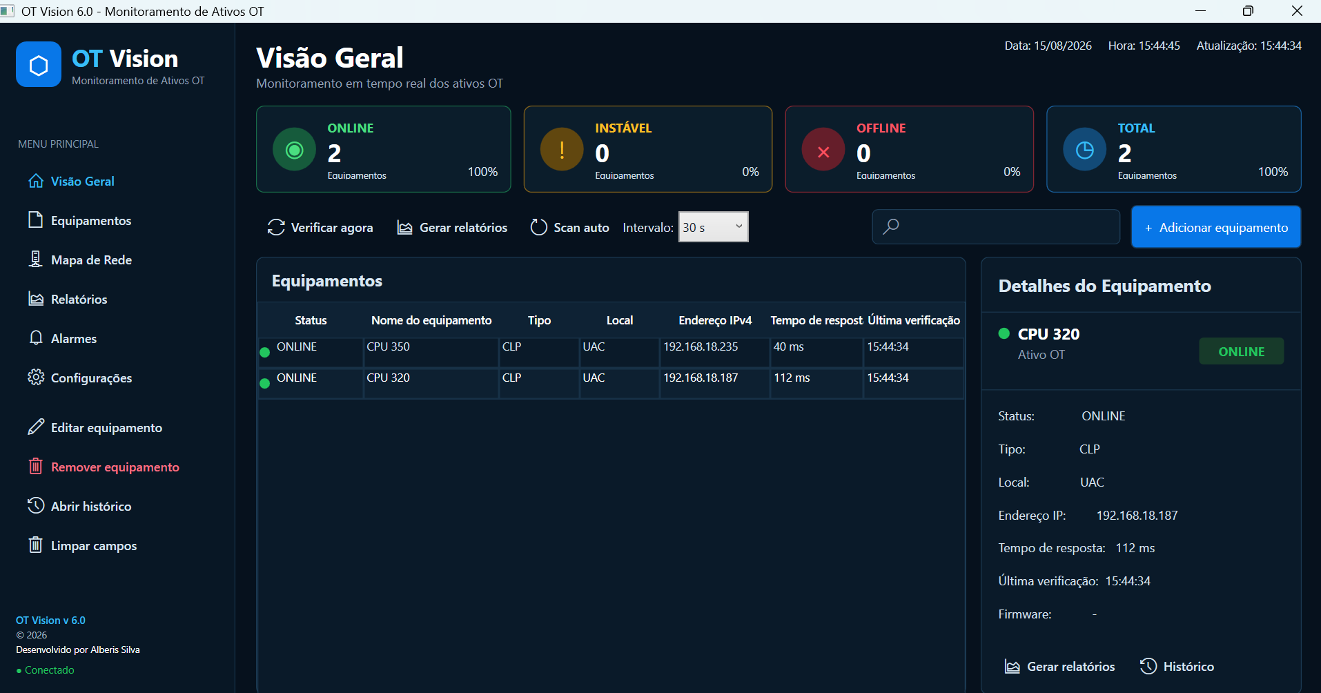 Tela real do OT Vision 6.0 - Monitoramento de Ativos OT